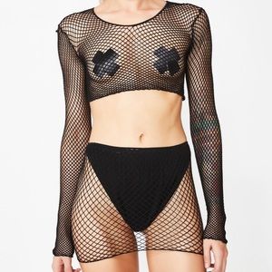 Dolls Kill Fishnet mini skirt and crop top